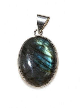 Labradorite Oval Sterling Silver Pendant - Blue-Green Flash